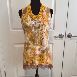 LOGO by Lori Goldstein Sleeveless Floral Tank Top in Mustard and Brown. 2” lace.
